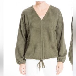 Max Studio Plus waffle Knit V Neck Top/Shirt Sz 3X Green Drawstring
